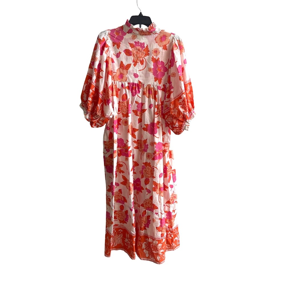 Karni Floral Midi Dress Womens Large Orange Pink Boho Cottagecore Balloon Sleeve - Picture 4 of 11